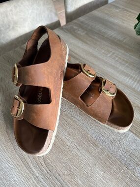 Birkenstock Kids Brown Two-Strap Sandals with Gold Buckles
